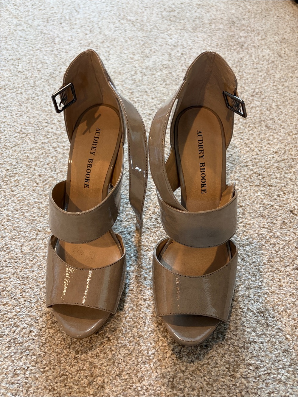 Audrey Brooke Taupe Patent Strap Block Heels